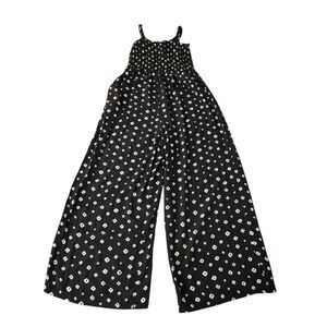 LOFT Women XS Black Geometric Diamond Smocked Strappy Wide Leg Jumpsuit Pockets